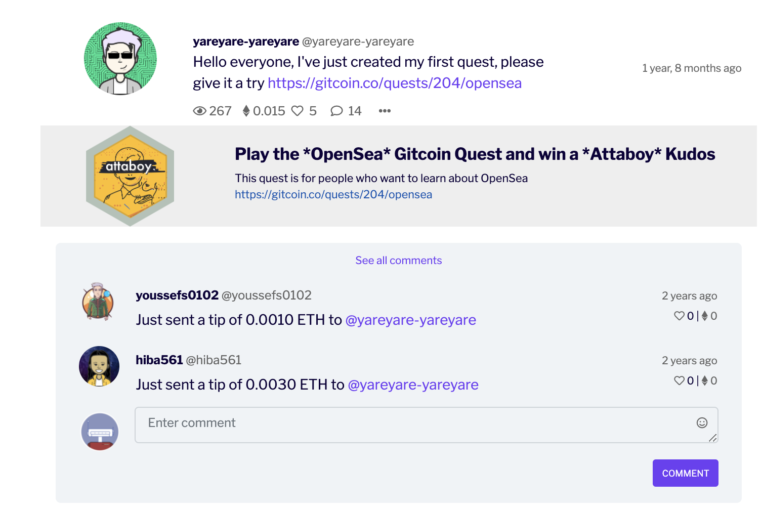 Example post that received tips on Gitcoin Townsquare